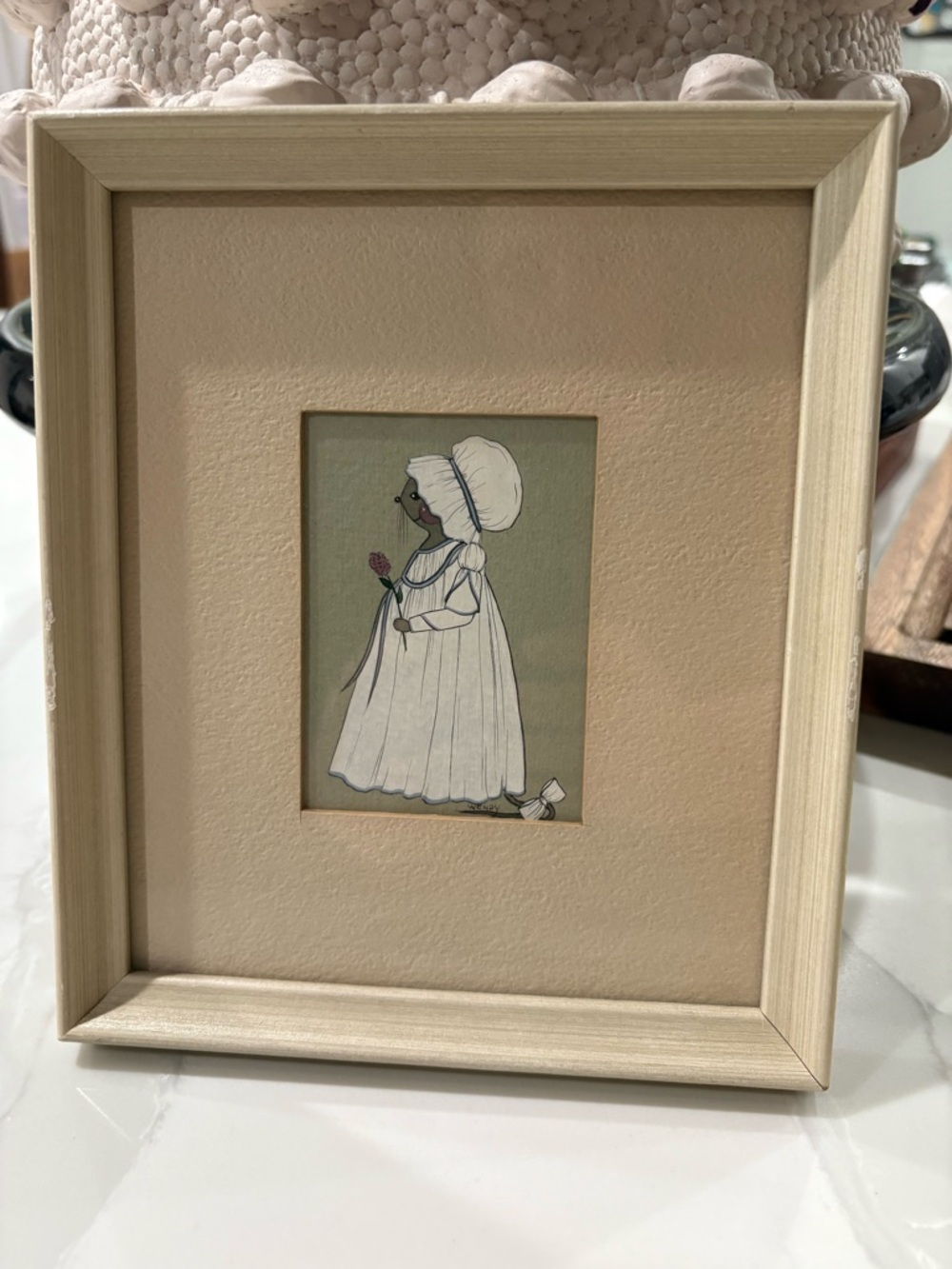 Framed Vintage Style Girl Mouse Illustration in White Dress